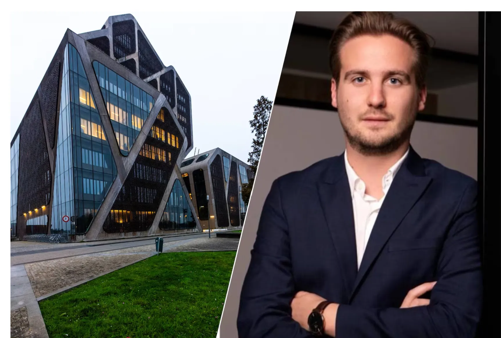 Het gerechtsgebouw, met daarnaast een portret van Sander Eycken